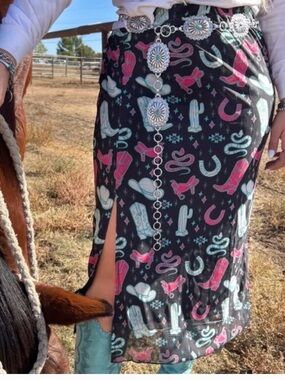 Western-Print Black Midi Skirt with Pink & Teal Accents